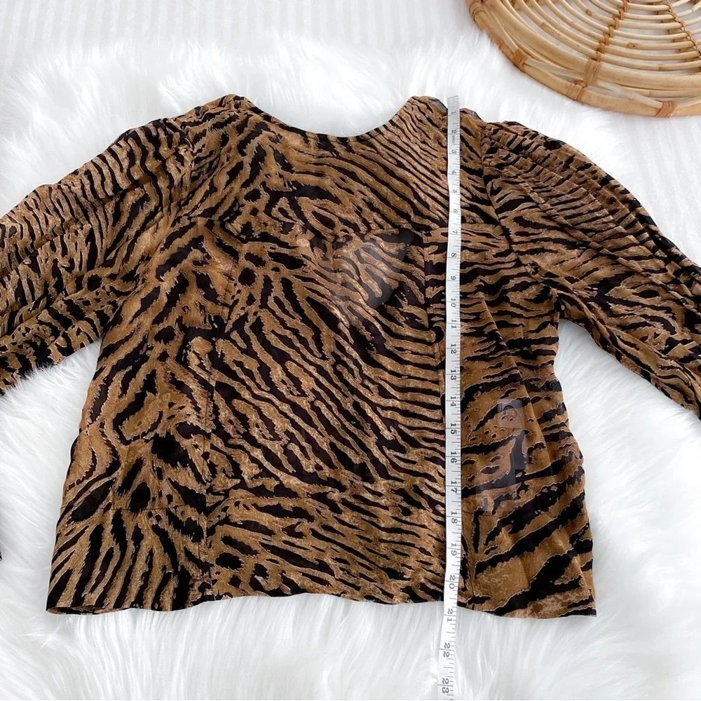 Gianni Tiger Print Bishop Sleeve Top Tie Back Animal Print Brown Orange NEW